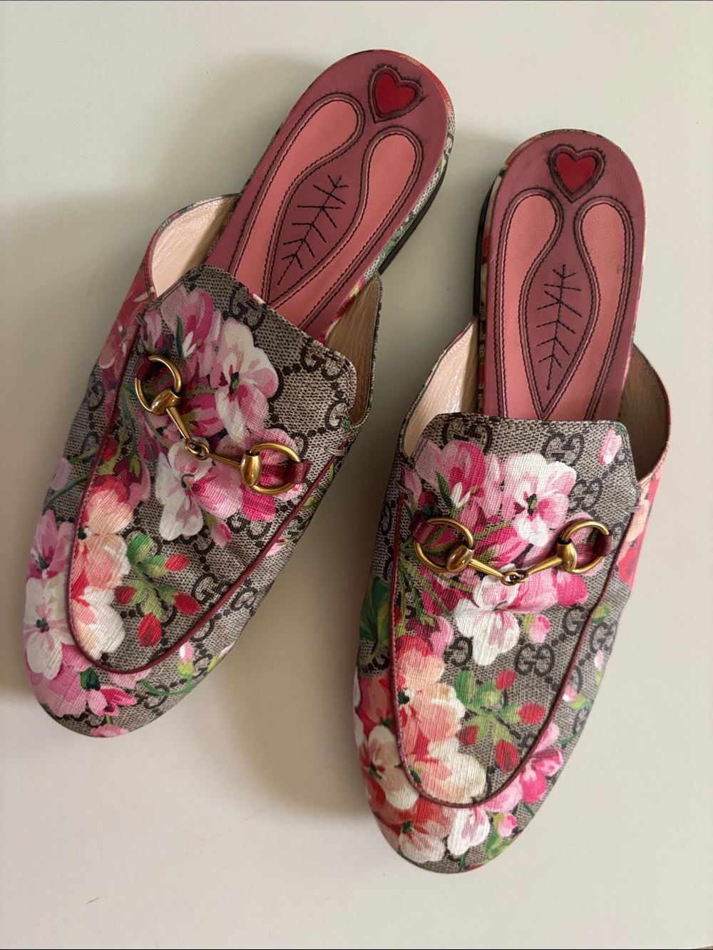 Gucci Blooms Horsebit Princetown Mules GG Floral Canvas Leather Slip On Pink Tan
